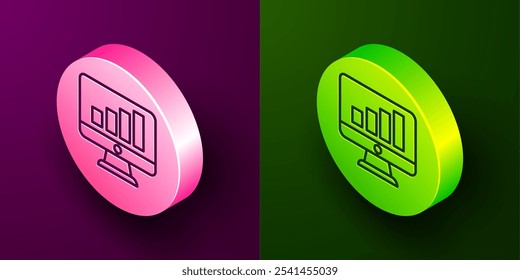 Isometric line Computer monitor with graph chart icon isolated on purple and green background. Report text file. Accounting sign. Audit, analysis, planning. Circle button. Vector