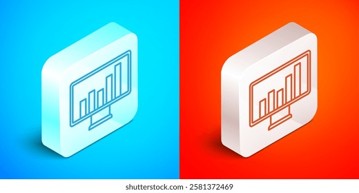 Isometric line Computer monitor with graph chart icon isolated on blue and red background. Report text file. Accounting sign. Audit, analysis, planning. Silver square button. Vector