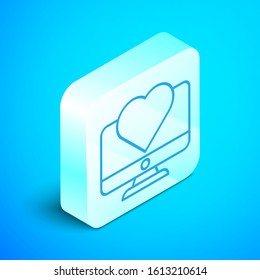 Isometric line Computer monitor with heart icon isolated on blue background. Valentines day. Silver square button. Vector Illustration