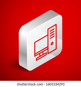 Isometric line Computer monitor icon isolated on red background. PC component sign. Silver square button. Vector Illustration