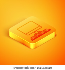Isometric line Computer monitor with keyboard icon isolated on orange background. PC component sign. Orange square button. Vector Illustration