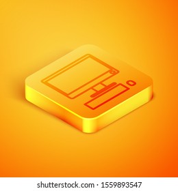 Isometric line Computer monitor with keyboard and mouse icon isolated on orange background. PC component sign. Orange square button. Vector Illustration