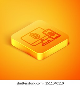 Isometric line Computer monitor with mobile phone and bitcoin icon isolated on orange background. Online shopping concept. Earnings in the Internet. Orange square button. Vector Illustration