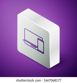 Isometric line Computer monitor and mobile phone icon isolated on purple background. Earnings in the Internet, marketing. Silver square button. Vector Illustration