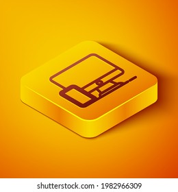 Isometric line Computer monitor and mobile phone icon isolated on orange background. Earnings in the Internet, marketing. Yellow square button. Vector