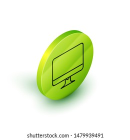 Isometric line Computer monitor screen icon isolated on white background. Electronic device. Front view.  Green circle button. Vector Illustration