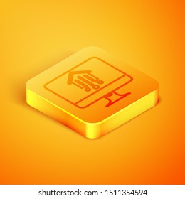 Isometric line Computer monitor with smart home icon isolated on orange background. Remote control. Orange square button. Vector Illustration