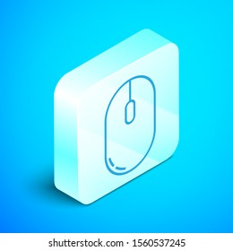 Isometric line Computer mouse icon isolated on blue background. Optical with wheel symbol. Silver square button. Vector Illustration