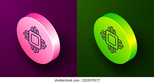 Isometric line Computer processor with microcircuits CPU icon isolated on purple and green background. Chip or cpu with circuit board. Micro processor. Circle button. Vector