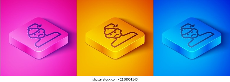 Isometric Line Concussion, Headache, Dizziness, Migraine Icon Isolated On Pink And Orange, Blue Background. Square Button. Vector