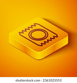 Isometric line Condom in package safe sex icon isolated on orange background. Safe love symbol. Contraceptive method for male. Yellow square button. Vector
