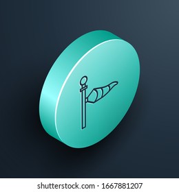 Isometric line Cone meteorology windsock wind vane icon isolated on black background. Windsock indicate the direction and strength of the wind. Turquoise circle button. Vector Illustration
