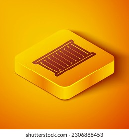 Isometric line Container icon isolated on orange background. Crane lifts a container with cargo. Yellow square button. Vector Illustration