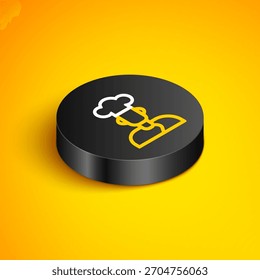 Isometric line Cook icon isolated on yellow background. Chef symbol. Black circle button. Vector