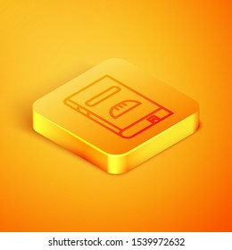 Isometric line Cookbook icon isolated on orange background. Cooking book icon. Recipe book. Fork and knife icons. Cutlery symbol. Orange square button. Vector Illustration