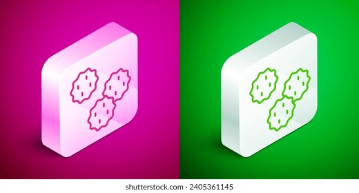 Isometrisches Keks oder Keks mit Schokoladensymbol einzeln auf rosafarbenem und grünem Hintergrund. Silberquadrat-Taste. Vektorgrafik