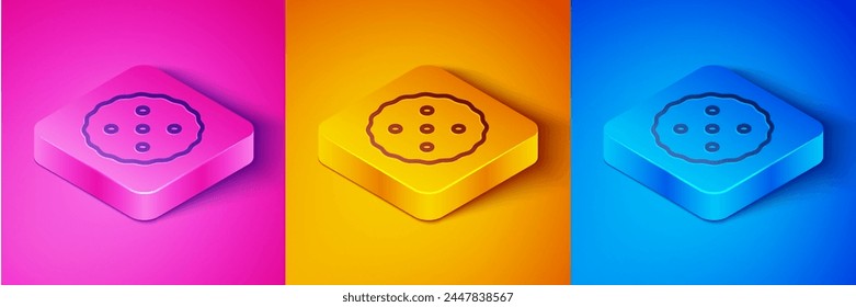 Isometric line Cookie or biscuit with chocolate icon isolated on pink and orange, blue background. Square button. Vector