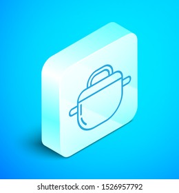 Isometric line Cooking pot icon isolated on blue background. Boil or stew food symbol. Silver square button. Vector Illustration