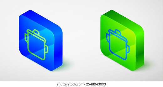 Isometrische Linie Kochtopf-Symbol einzeln auf grauem Hintergrund. Symbol für kochendes oder eintopfendes Essen. Blauer und grüner quadratischer Knopf. Vektorgrafik