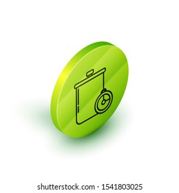 Isometric line Cooking pot and kitchen timer icon isolated on white background. Boil or stew food symbol. Green circle button. Vector Illustration