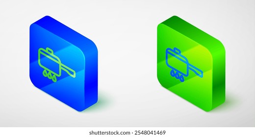 Isometrische Linie Kochtopf auf Feuer Symbol einzeln auf grauem Hintergrund. Symbol für kochendes oder eintopfendes Essen. Blauer und grüner quadratischer Knopf. Vektorgrafik