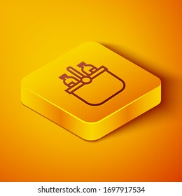 Isometric line Cooler bag and water icon isolated on orange background. Portable freezer bag. Handheld refrigerator. Yellow square button. Vector Illustration