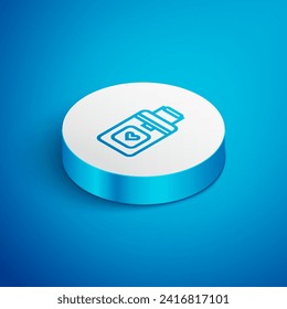 Isometric line Cooler box for human organs transportation icon isolated on blue background. Organ transplantation concept. Organ container. White circle button. Vector Illustration