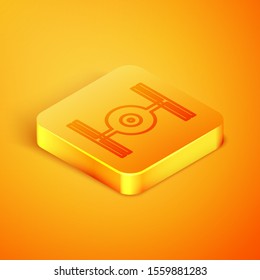 Isometric line Cosmic ship icon isolated on orange background. Orange square button. Vector Illustration