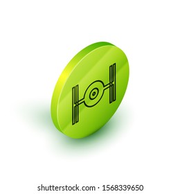 Isometric line Cosmic ship icon isolated on white background. Green circle button. Vector Illustration