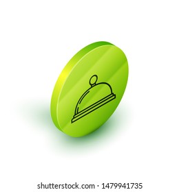 Isometric line Covered with a tray of food icon isolated on white background. Tray and lid sign. Restaurant cloche with lid. Kitchenware symbol. Green circle button. Vector Illustration