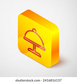 Isometric line Covered with a tray of food icon isolated on grey background. Tray and lid. Restaurant cloche with lid. Kitchenware symbol. Yellow square button. Vector