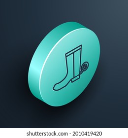 Isometric line Cowboy boot icon isolated on black background. Turquoise circle button. Vector