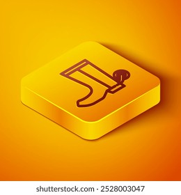 Isometric line Cowboy boot icon isolated on orange background. Yellow square button. Vector