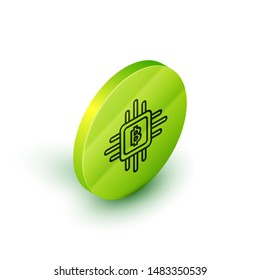Isometric line CPU mining farm icon isolated on white background. Bitcoin sign inside processor. Cryptocurrency mining community. Digital money. Green circle button. Vector Illustration