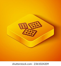 Línea isométrica Icono de galleta Cracker aislado en fondo naranja. Galleta dulce. Botón cuadrado amarillo. Ilustración vectorial