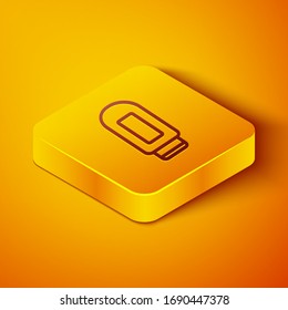 Isometric line Cream or lotion cosmetic tube icon isolated on orange background. Body care products for men. Yellow square button. Vector Illustration