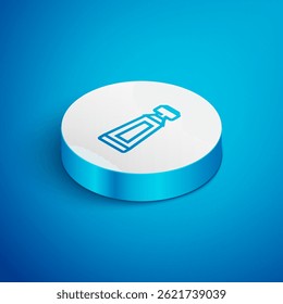 Isometric line Cream or lotion cosmetic tube icon isolated on blue background. Body care products for men. White circle button. Vector Illustration