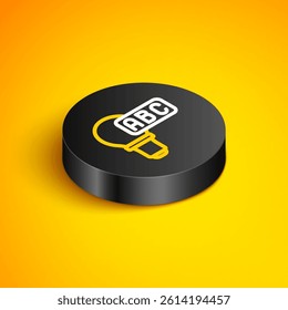 Isometric line Creative lamp light idea icon isolated on yellow background. Concept ideas inspiration, invention, effective thinking, knowledge and education. Black circle button. Vector