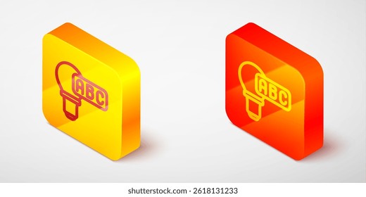 Isometric line Creative lamp light idea icon isolated on grey background. Concept ideas inspiration, invention, effective thinking, knowledge and education. Yellow and orange square button. Vector