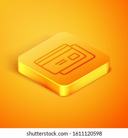 Isometric line Credit card icon isolated on orange background. Online payment. Cash withdrawal. Financial operations. Shopping sign. Orange square button. Vector Illustration