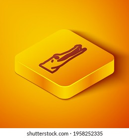 Isometric line Crocodile icon isolated on orange background. Animal symbol. Yellow square button. Vector