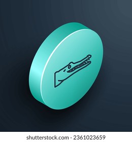 Isometric line Crocodile icon isolated on black background. Animal symbol. Turquoise circle button. Vector