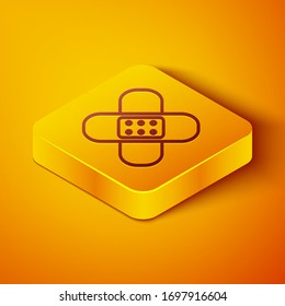 Isometric line Crossed bandage plaster icon isolated on orange background. Medical plaster, adhesive bandage, flexible fabric bandage. Yellow square button. Vector Illustration