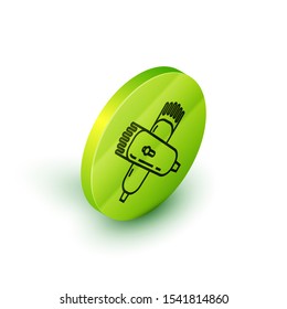 Isometric line Crossed electrical hair clipper or shaver icon isolated on white background. Barbershop symbol. Green circle button. Vector Illustration