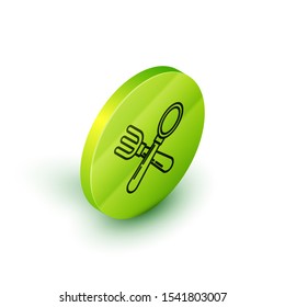 Isometric line Crossed fork and spoon icon isolated on white background. Cooking utensil. Cutlery sign. Green circle button. Vector Illustration