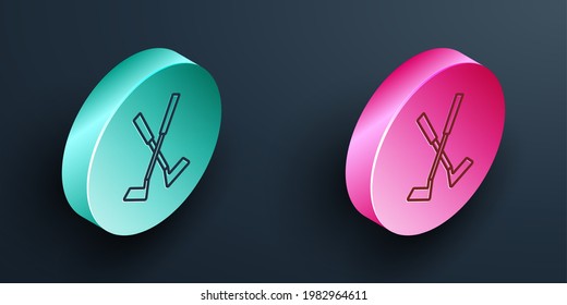 Isometric line Crossed golf club icon isolated on black background. Turquoise and pink circle button. Vector