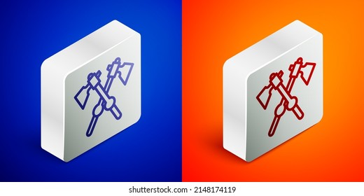 Isometric line Crossed medieval axes icon isolated on blue and orange background. Battle axe, executioner axe. Medieval weapon. Silver square button. Vector