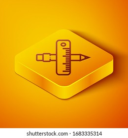 Isometric line Crossed ruler and pencil icon isolated on orange background. Straightedge symbol. Drawing and educational tools. Yellow square button. Vector Illustration