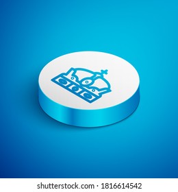 Isometric line Crown of spain icon isolated on blue background. White circle button. Vector.