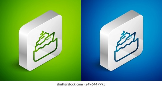 Línea isométrica Icono de crucero aislado sobre fondo verde y azul. Turismo de viajes y transporte náutico. Buque de pasajeros de viaje, crucero. Crucero mundial. Botón cuadrado plateado. Vector